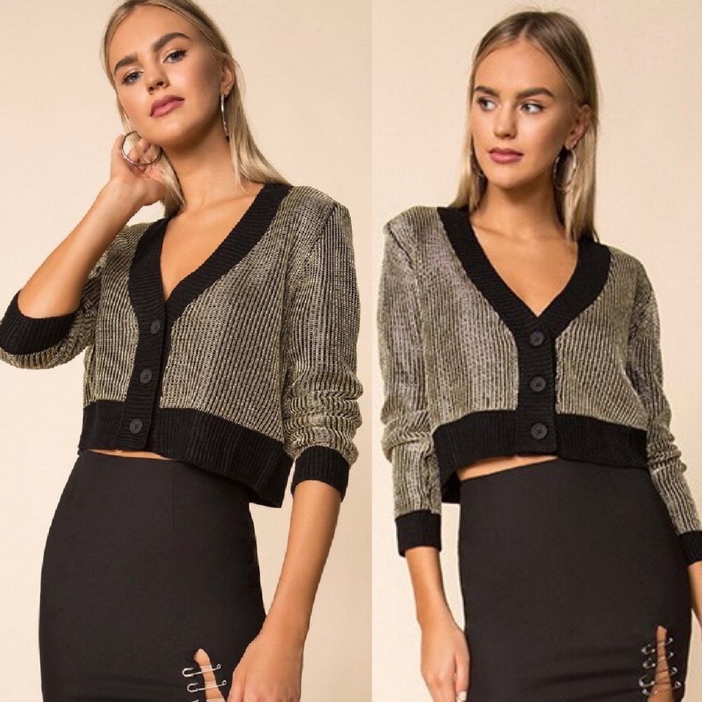 Superdown Loraine Black & Metallic Gold Oversized Cropped Cardigan